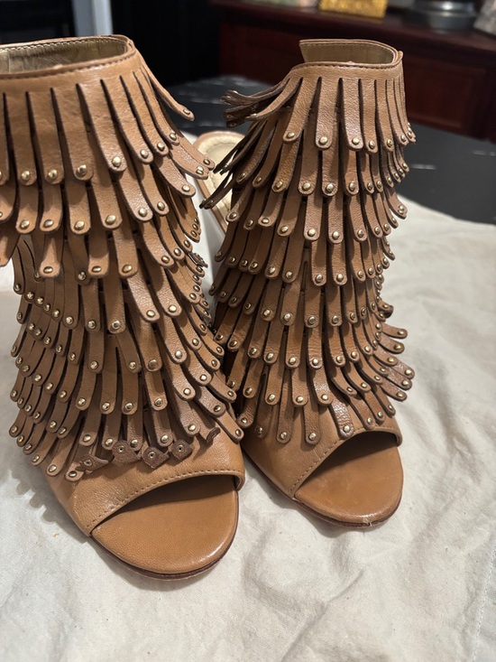 Vero Cuoio Shoes - Vero Cuoio Tan Fringe Stud Peep-Toe Booties